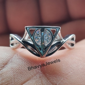Moissanite Engagement Ring: Geeky Snitch, Deathly Hallows, Sterling Silver