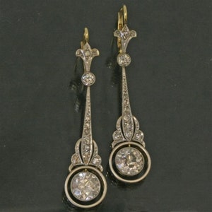 14K Gold Art Deco Moissanite Drop Earrings: Old European Cut Dangle