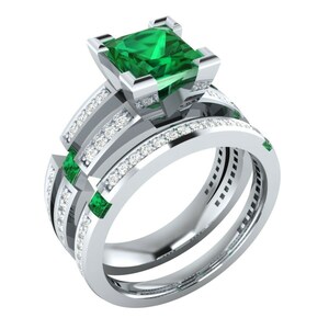 Handmade Emerald & CZ Sterling Silver Bridal Ring Set