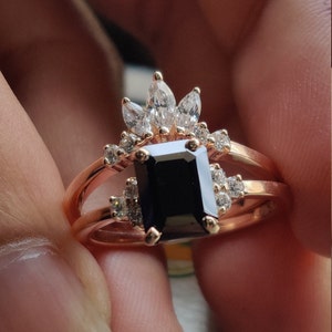 3.00 Carat Emerald Cut Black Onyx Solitaire Engagement Ring Set in 14K Solid Gold, Wedding Ring Set, Vintage Rose gold Ring, Bridal Ring Set