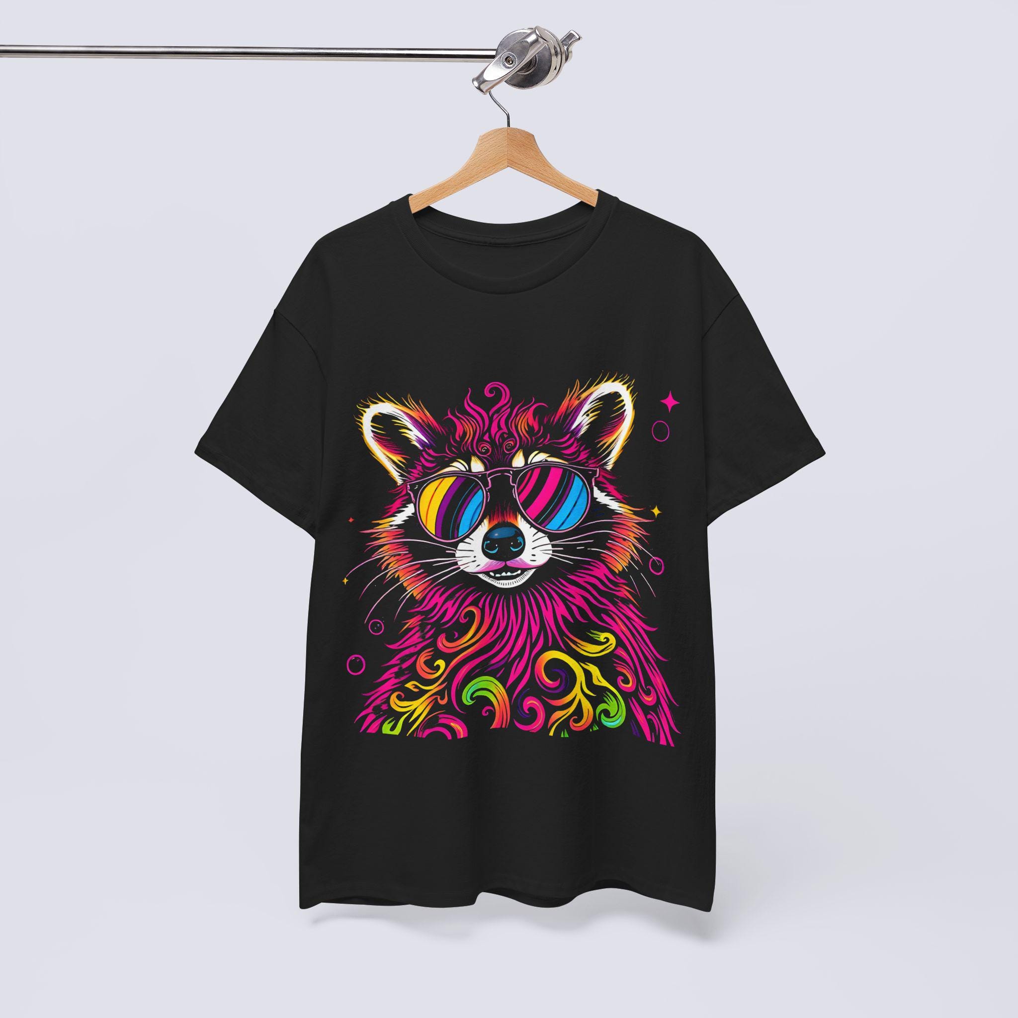 Neon Raccoon Tee, Cosmic Psychedelic Animal Shirt, Unisex Cotton Top, Trippy Raccoon T-Shirt, Vibrant Wildlife Tee, Reflective Sunglasses