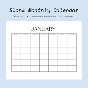 Minimalist Blank Monthly Calendar - Letter, Horizontal Printable PDF ...