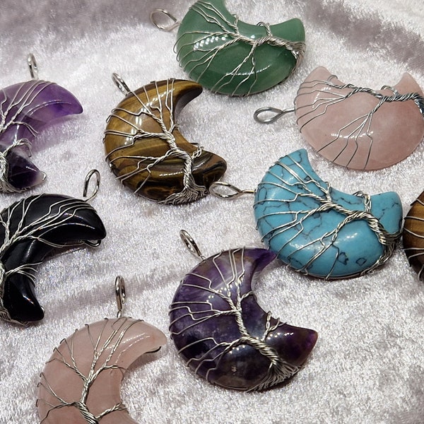 Tree Of Life wire wrapped Crescent Moon Pendant, Natural Gemstone Pendant, Birthstone Gift, Healing Crystal Necklace, UK Free Postage