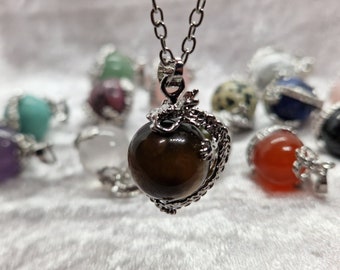Silver Plated Dragon wrapped around sphere pendant, Natural Gemstone Pendant, Birthstone Gift, Healing Crystal Necklace, UK Free Postage