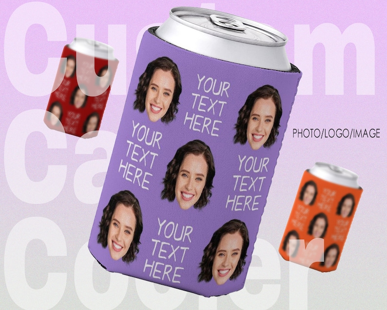 Custom Face Can Sleeve Beer Coolers,Personalized Image Photo Can Cooler with Text for Wedding Birthday Party Fun Beverage Can Cooler Sleeves image 1