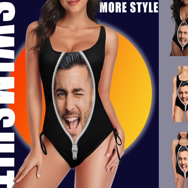 Custom Boyfriend Face Photo Zipper Swimsuit,Personalized Photo Bathing Suit for Women,Printed Swimwear,bachelorette swimsuit,Girlfriend Gift