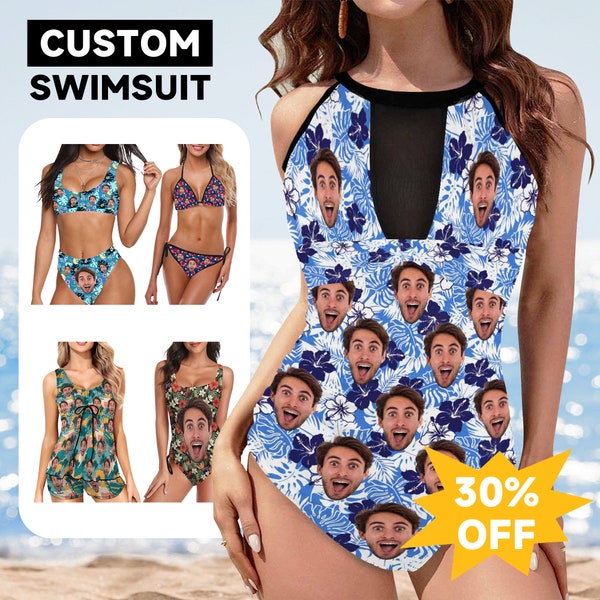 Custom Big Face Swimsuits for Women, Custom Bathing Suits with Face, Personalized One-Piece Two Piece Swimwear, Bachelorette Party