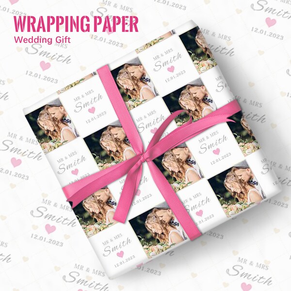 Custom Wrapping Paper Rolls with Date, Personalized Photo Name Wrapping Paper, Custom Mr & Mrs Wrap Paper, Wedding Gifts for Couple