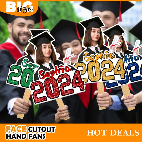Custom Graduation Fans Personalized Big Head Cutout Hand Fan with Wooden Handle,Class of 2024,Heads on a Stick,Customized Name Prop Signs
