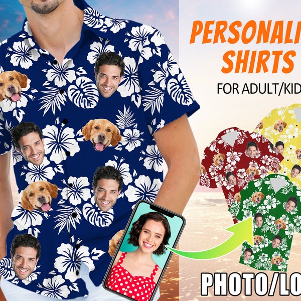 Vacation Hawaiian Shirt,Personalization Men Short Sleeve Button Down,Custom Hibiscus flower Unisex Tropical Shirt with Face,Casual Shirts