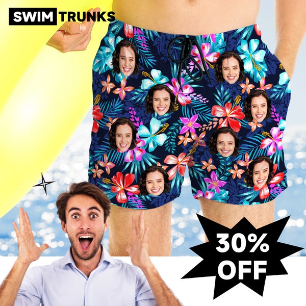 Custom Men’s Swim Trunks with Face, Personalized Photo Swimwear, Hawaiian Photo Shorts, Customized Beach Shorts, Beach Party Gift for Him