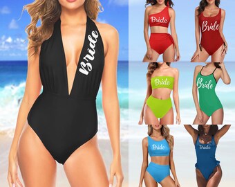 Bride Squad One Piece Custom Swimsuits with Text,Customized Bridesmaid Bathing Suits Personalized Bride 2 Piece Bikini Set for Women