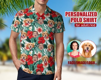 Custom Polo Shirts Design Your Own with Face,Personalized Photo/Logo Shirt for Mens,Customize Photo Tee,Hawiian Flowers Polo Shirts