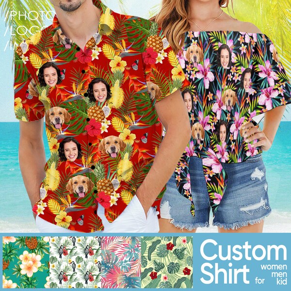 Custom Hawaiian Shirt with Face,Personalized Men Summer Button Down Photo Tropical Beach Shirts,Women's Off Shoulder Knot Front Blouse Top