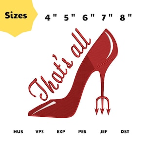 May include: A red high-heeled shoe with the text "That's all" in a cursive font. The heel is a trident shape. Sizes are listed from 10 cm to 20 cm.