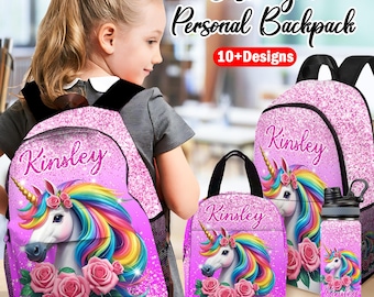 Personalized Girls Unicorn Backpack Set: Custom Girls Lunchbox, Back To School Gift