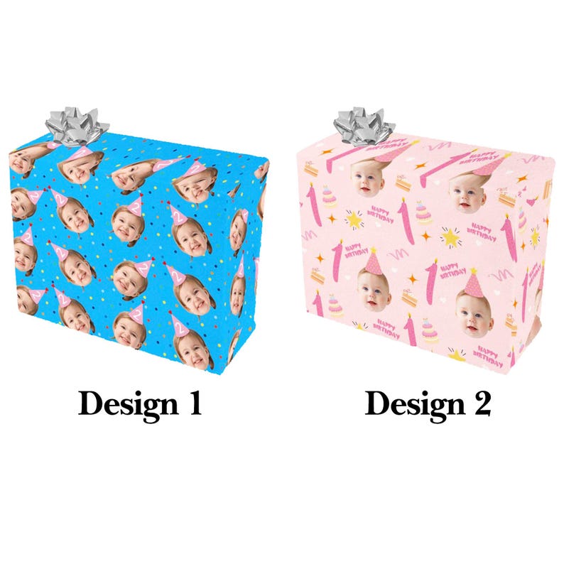 May include: Two wrapped gifts with silver bows. One gift is wrapped in blue paper with baby faces wearing party hats. The other gift is wrapped in pink paper with baby faces, cakes, and the text "Happy Birthday".