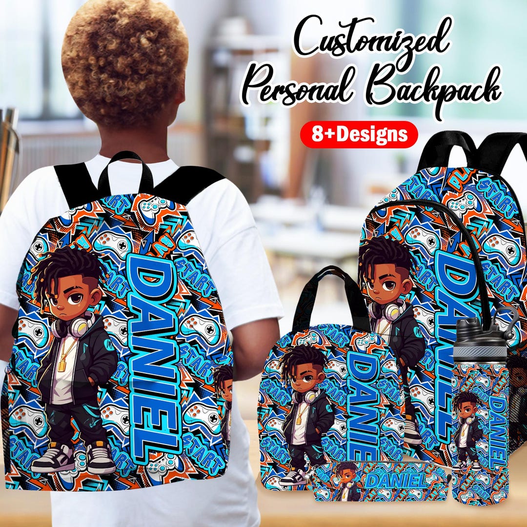 Personalized Black Boy Backpack Set: Rapper Design, Lunch Bag & Water ...