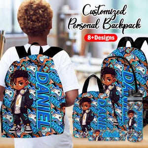 May include: A personalised backpack set with a cartoon character design and the name "DANIEL". The set includes a backpack, tote bag, lunch bag, water bottle, and pencil case. All items have a matching blue and orange video game controller pattern.