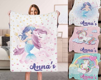 Personalized Mermaid Blankets for Kids, Cusrom Baby Name Blanket for Mother&#39;s Day, Baby Birthday Shower Gifts, Boys Girls Blankets for Bed