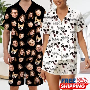 Personalized Face Photo Short-Sleeved Pajmas Set: Custom Pet Name Sleepwear, Valentine's gift