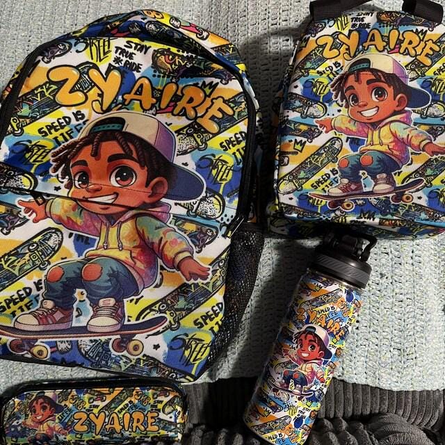 Personalized Black Boy Backpack Set: Rapper Design, Lunch Bag & Water ...