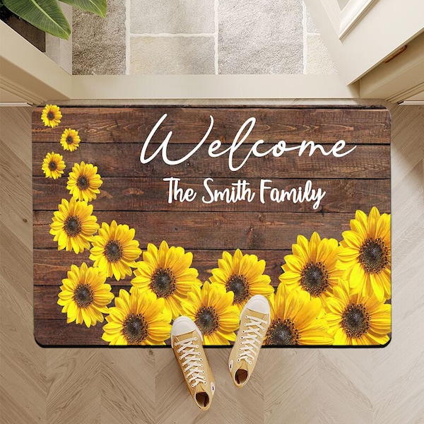 Custom Sunflower Doormat for Outdoor Entrance, Custom Family Name Doormat, Custom Non-Slip Washable Mat, Personalize Welcome Mat, Custom Rug