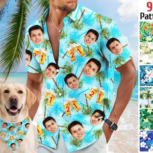 May include: A light blue Hawaiian shirt featuring a repeating pattern of faces, palm trees, and beer glasses. The shirt is worn by a person standing on a beach next to a dog wearing a matching bandana. The image also includes a display of 95+ patterns.