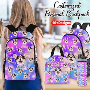 May include: A collection of personalized backpacks, lunch bags, and water bottles. Each item features a repeating pattern of a smiling corgi face and the name "Buddy" on a vibrant purple and blue background. The text "Customized Personal Backpack" is displayed.