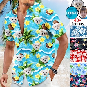 May include: A short-sleeved, button-down shirt with a vibrant blue background featuring white waves, palm trees, yellow flowers, coconuts, and adorable white dog faces. The shirt has a relaxed fit and is perfect for a tropical vacation.