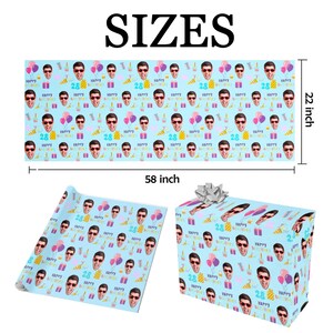 May include: Light blue wrapping paper with a repeating pattern of a person's face, sunglasses, balloons, and birthday candles. The text "HAPPY BIRTHDAY" and the number "28" are also featured. The paper measures 58 inches by 22 inches.