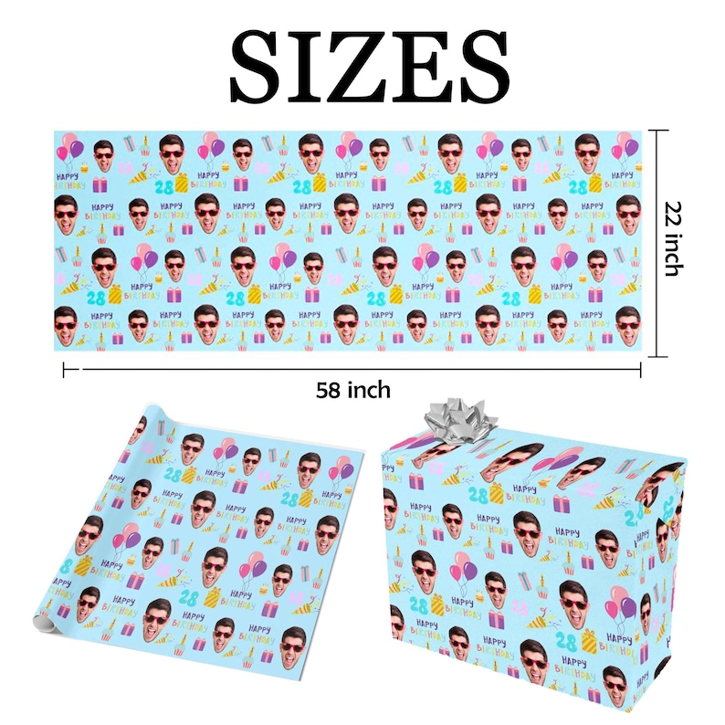 May include: Light blue wrapping paper with a repeating pattern of a person's face, sunglasses, balloons, and birthday candles. The text "HAPPY BIRTHDAY" and the number "28" are also featured. The paper measures 58 inches by 22 inches.