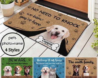 Personalized Doormats with Dog Photos, Custom Family Name Doormat,Custom Photo Doormat,Personalized Welcome Mat, No Need to Knock, Funny Mat