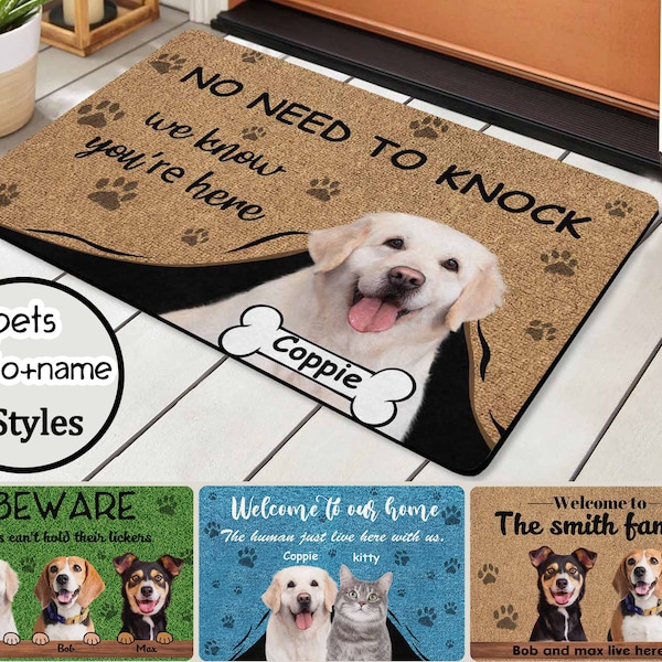 Personalized Doormats with Dog Photos, Custom Family Name Doormat,Custom Photo Doormat,Personalized Welcome Mat, No Need to Knock, Funny Mat