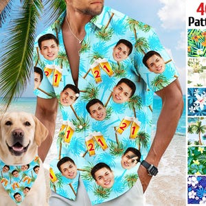 May include: A light blue Hawaiian shirt with a custom face print, palm trees, and beer glasses. The shirt is worn by a person standing next to a yellow Labrador Retriever wearing a matching bandana. The image also shows a selection of 40+ patterns.