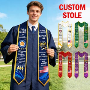 May include: A navy blue graduation stole with gold trim, featuring the text John Smith, B.S. Business Administration, University of Virginia, Summa Cum Laude, Dean's List, Class of 2026, and an American flag graphic. Additional colour variations are displayed.