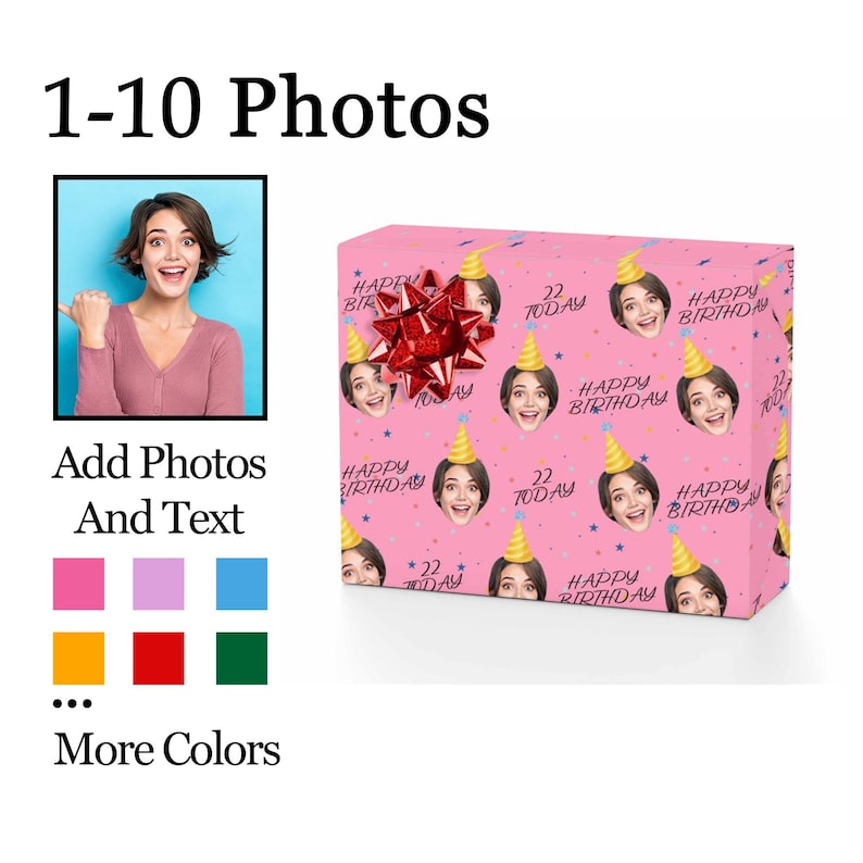 May include: Pink birthday wrapping paper with a repeating pattern of a woman's face wearing a party hat and the words "Happy Birthday" and "22 Today." A red bow adorns the wrapped gift. The image also shows options to add photos and text.