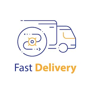May include: A blue and yellow line art illustration of a delivery truck with a circular graphic. The text "Fast Delivery" is below the truck in blue and yellow.