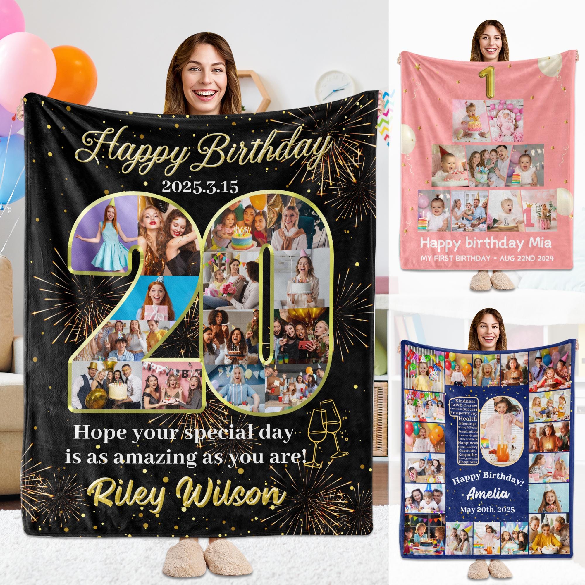 Custom Happy Birthday Blanket, Birthday Photo College Blanket, Custom Blanket, Birthday Number and Photos Blanket, Birthday Gift For Him/Her
