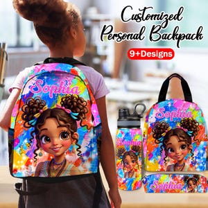 May include: A colorful backpack, lunch bag, water bottle, and pencil case set. Each item features a cartoon girl with the name "Sophia" and a vibrant, abstract background. The text "Customized Personal Backpack" is also visible.