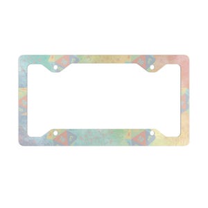 May include: A colourful license plate frame with a repeating pattern of dice with the number 16 on them. The frame is made of metal and has a silver finish.
