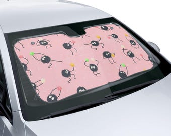 Parasol para coche con estampado de duendes de hollín / Cubierta para parabrisas rosa inspirada en Studio Ghibli