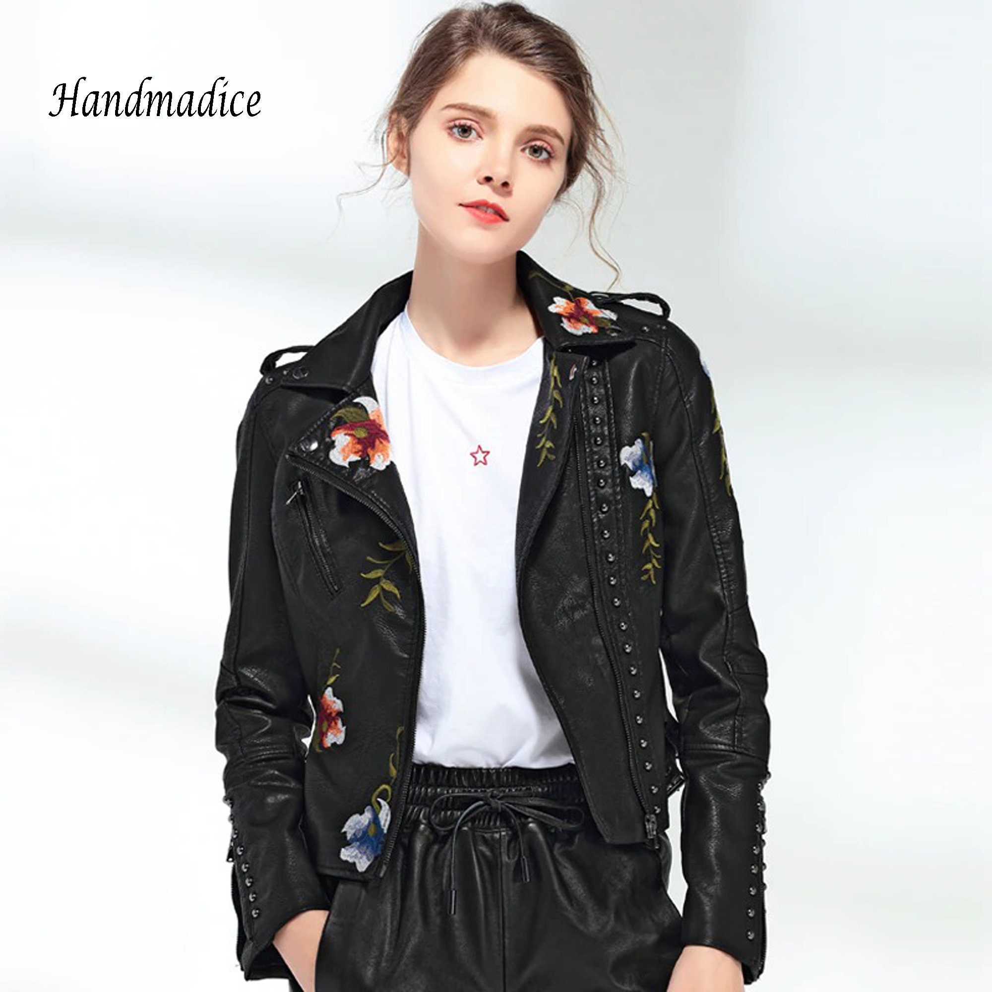 Embroidery leather jacket Soft Leather coat for women Etsy