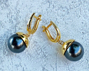 Silver Black Pearl Ball Dangle Earrings, 12mm Black Round Dangle Pearl Earrings, Tahitian Black Pearl, Freshwater Pearl Drop Bridal Earrings