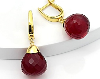 Ruby Leverback Earrings – Faceted Briolette Design in Gold Vermeil over 925 Sterling Silver