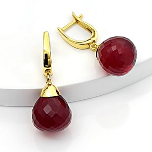 Rubin-Ohrringe, Silber-Rubin-Ohrringe, Briolette-Ohrringe, 12 mm rote Rubin-Ohrringe, Rubin-Tropfen-Ohrringe,  Goldschmidt