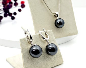 Tahiti Perlen Schmuckset Schwarz, 12mm Tahiti Perlen Ohrringe und Halskette, Sterling Silber Brautschmuck für Hochzeit