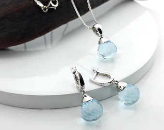 Natural Aquamarine Necklace and Earrings Set in Rhodium Plated Sterling Silver
