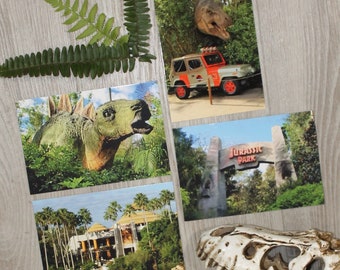 4 Jurassic Park Postcards Dinosaur Ride Universal Studios Orlando Photographs Note Cards Stationery Gift Set, Snail Mail, Just to say Hello
