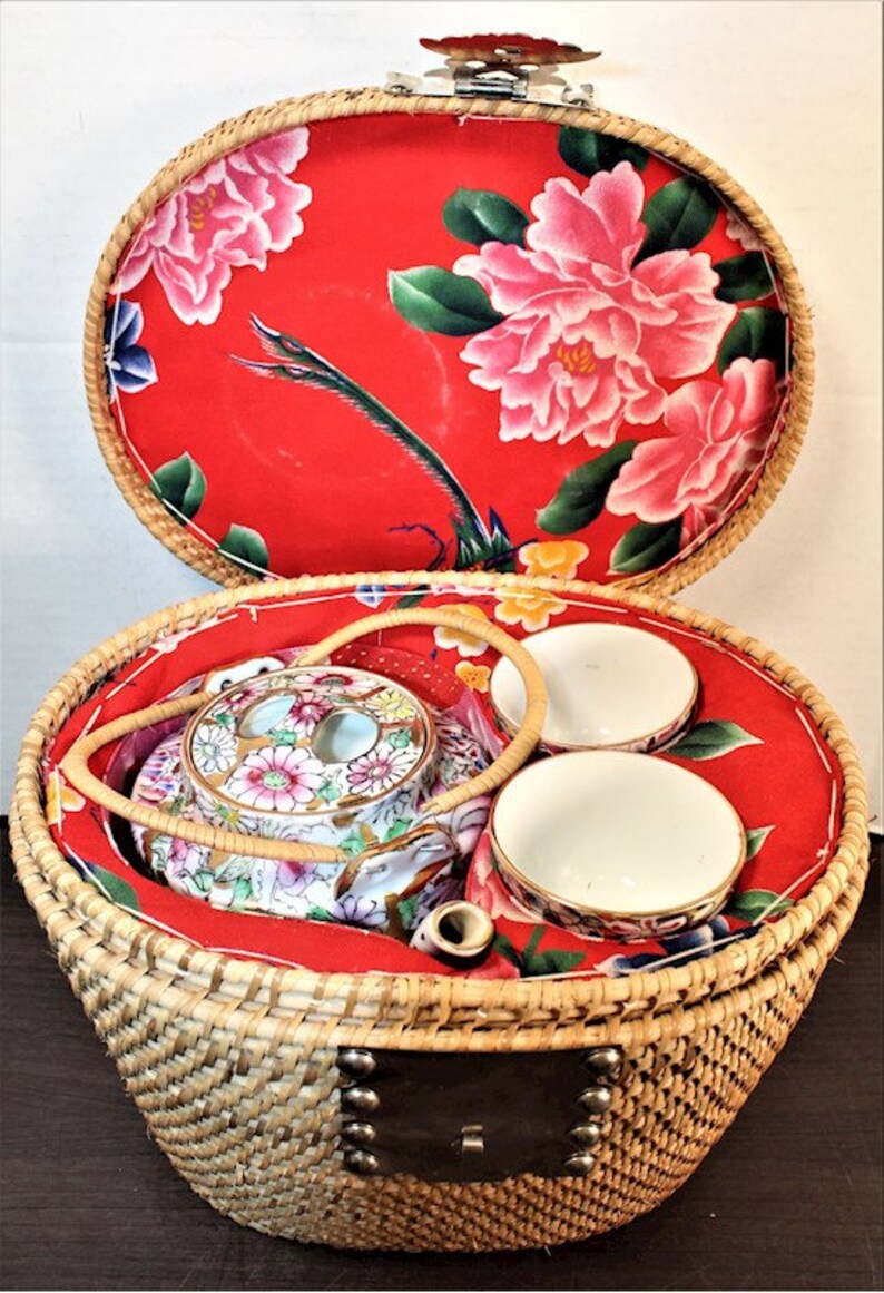Vintage Asian Wicker Basket W/Tea Set Teapot/2 Teacups Etsy